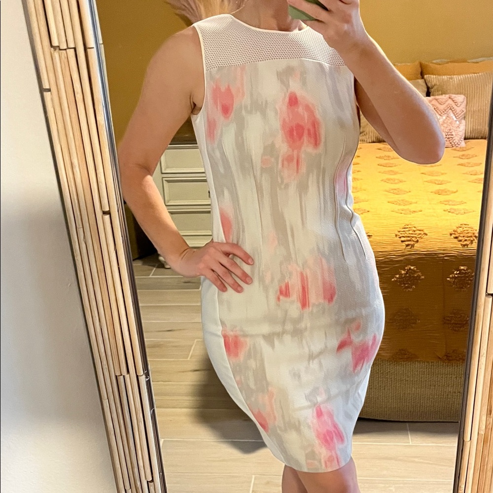 T Tahari White Midi Dress with Pink Watercolor Print